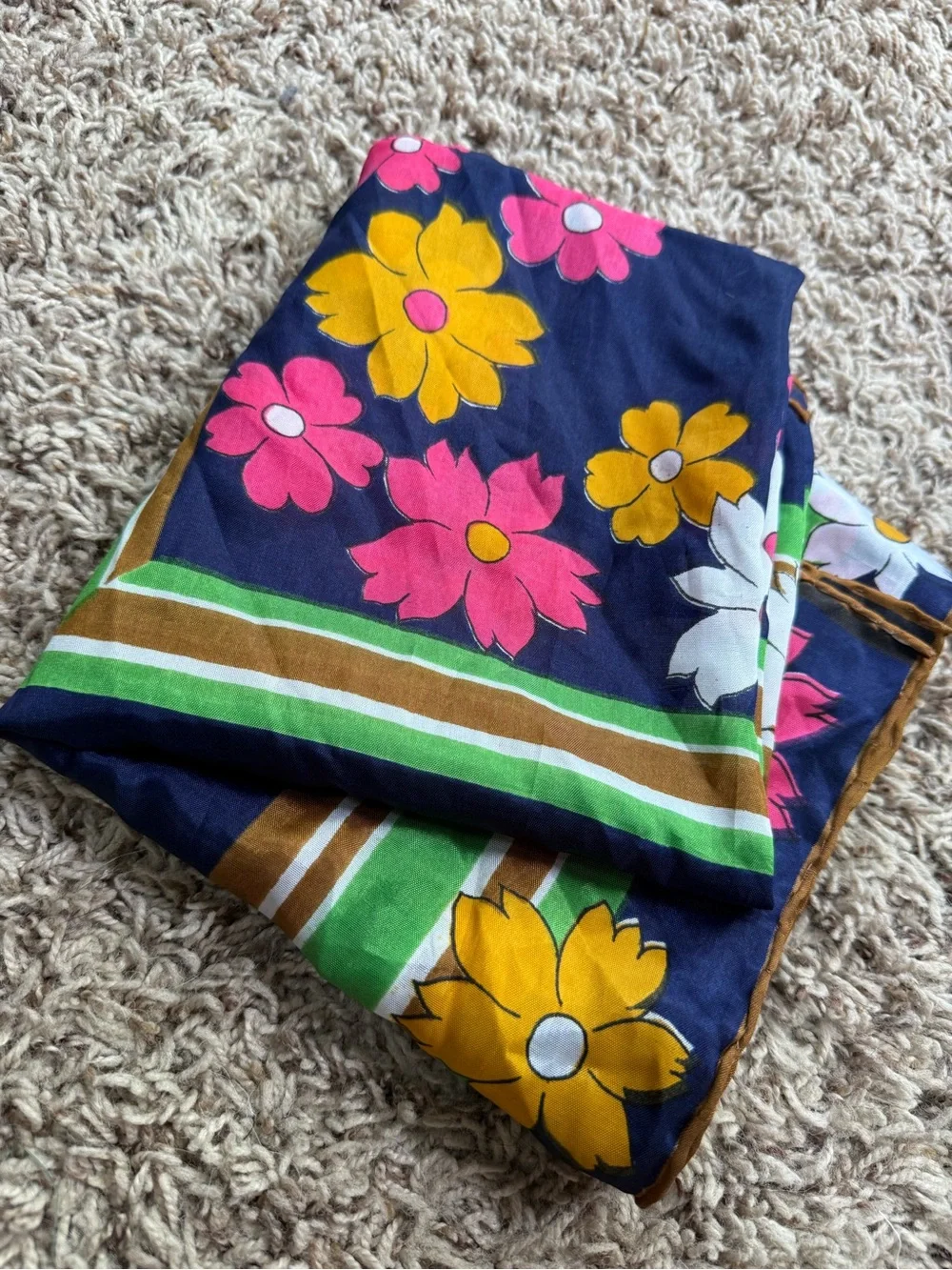 Vintage 70s -Mod Silk Scarf “Flower Power” Daisy Print -Hand Rolled